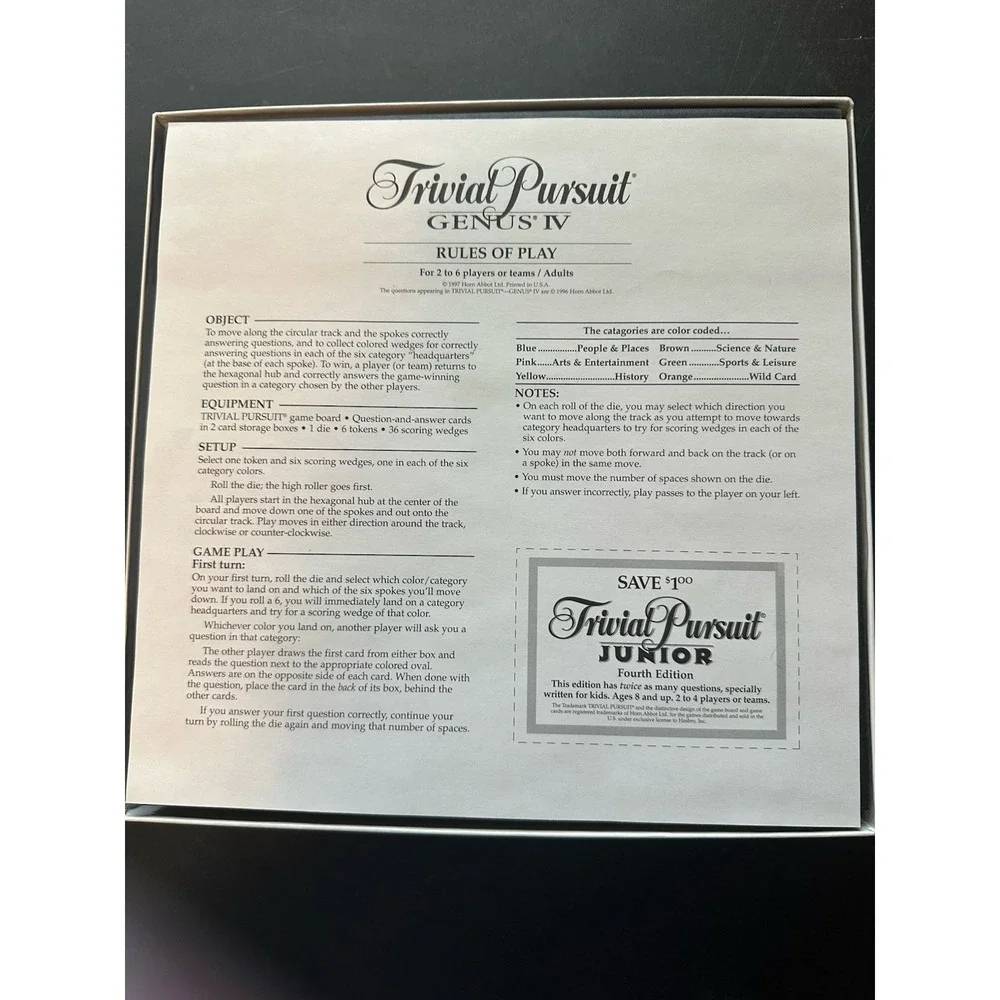 TRIVIAL PURSUIT Genus IV Edition Board Trivia Game Parker Brothers - Vintage 96